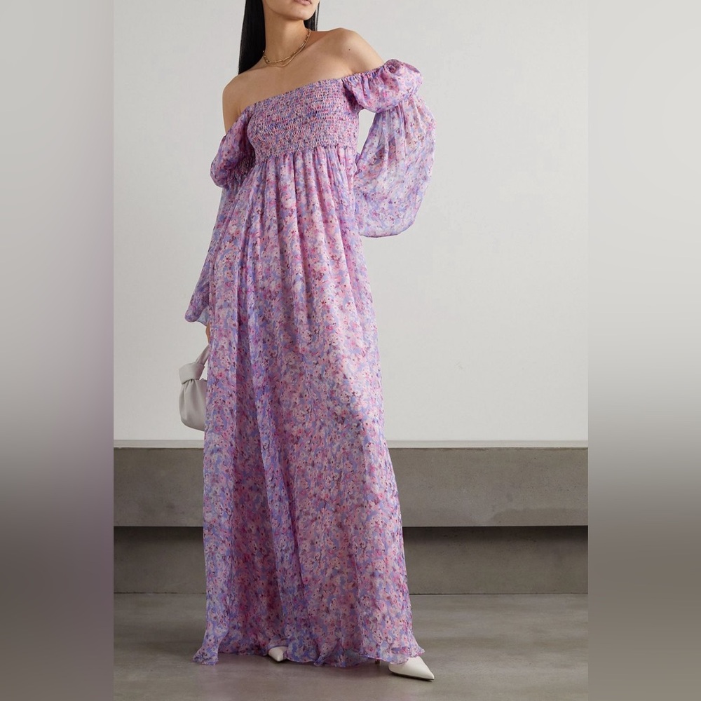 Caroline Constas Kinsley Shirred Floral Silk- Chiffon Gown
